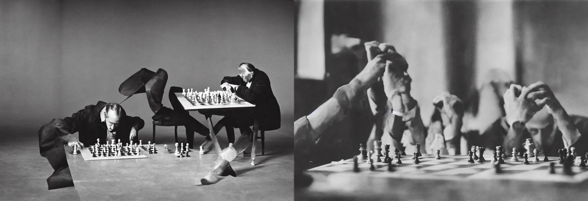 Prompt: filmstill of Marcel Duchamp playing chess alone in a vast empty room, vintage film stock, by Irving Penn