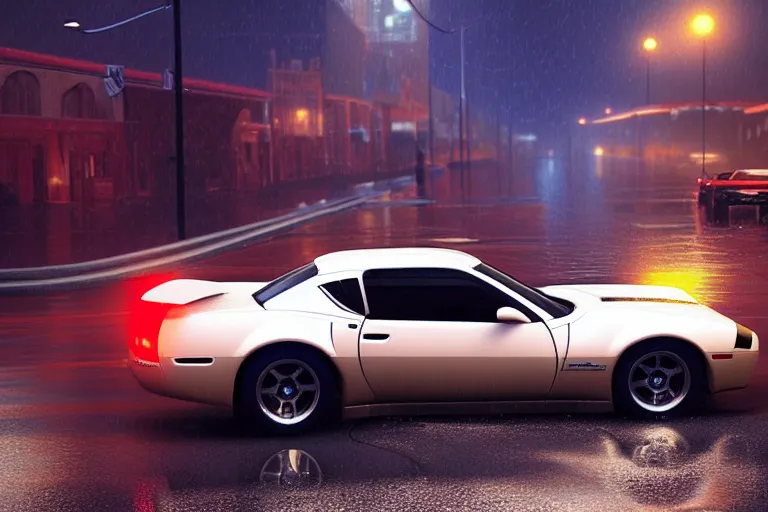 Image similar to hyperdetailed, photorealistic photograph of a 2 0 0 2 pontiac firebird trans - am drifting in the streets, rain, night, dense fog, hd, unreal engine 5 by greg rutowski, by stanley artgerm, by alphonse mucha