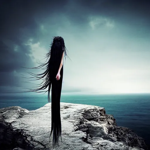 Image similar to A beautiful computer art of a human-like creature with long, stringy hair. The figure has no eyes, only a mouth with long, sharp teeth. The creature is standing on a cliff overlooking a dark, foreboding sea. by Bella Kotak ornamented