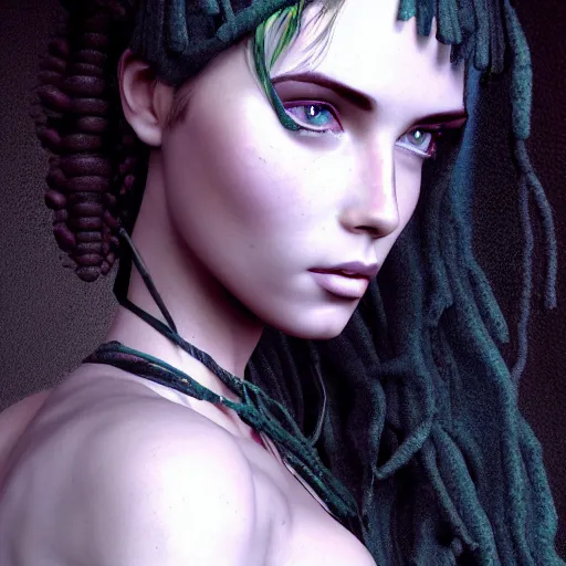 Image similar to the goddess of Spring, she resembles a mix of Grimes, Lana Del Rey, and Zoë Kravitz, in a style blend of Botticelli and Æon Flux, hyperphotorealistic, 4K, stunningly detailed, Arnold render,