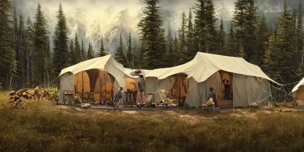 Image similar to cabela's tent fabric shelled pop up family dwelling unit, cabin, modular, person in foreground, mountainous forested wilderness open fields, beautiful views, painterly concept art, joanna gaines, environmental concept art, farmhouse, magnolia, concept art illustration by ross tran, james gurney, by craig mullins, by greg rutkowski