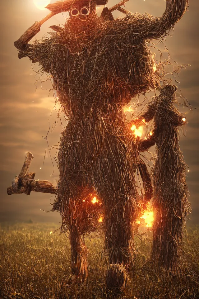 Image similar to beautiful octane render portrait of a big wooden scarecrow, floating particles, sparks, made of wood holding a very shiny metallic aluminium rustic axe, bokeh, soft focus, f 1. 8, unreal engine, particles, raytracing