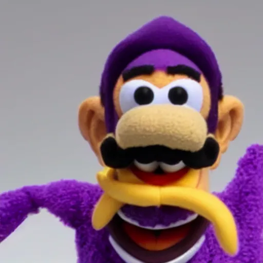 Prompt: A still of Waluigi as a Muppet, photorealistic