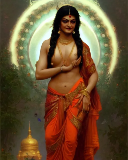 Prompt: Sushmita Sen as a beautiful Hindu Goddess, gorgeous, portrait, Symmetrical, powerful, intricate, beautiful, masterpiece, elegant, volumetric lighting, highly detailed, digital painting, hyper-realistic, artstation, sharp focus, no blur, illustration, William-Adolphe Bouguereau , ruan jia