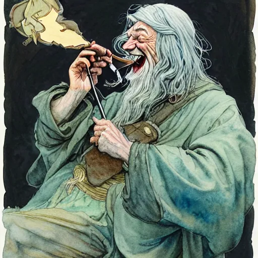 Prompt: a realistic and atmospheric watercolour fantasy character concept art portrait of gandalf with bloodshot eyes laughing and smoking a pipe looking at the camera by rebecca guay, michael kaluta, charles vess and jean moebius giraud