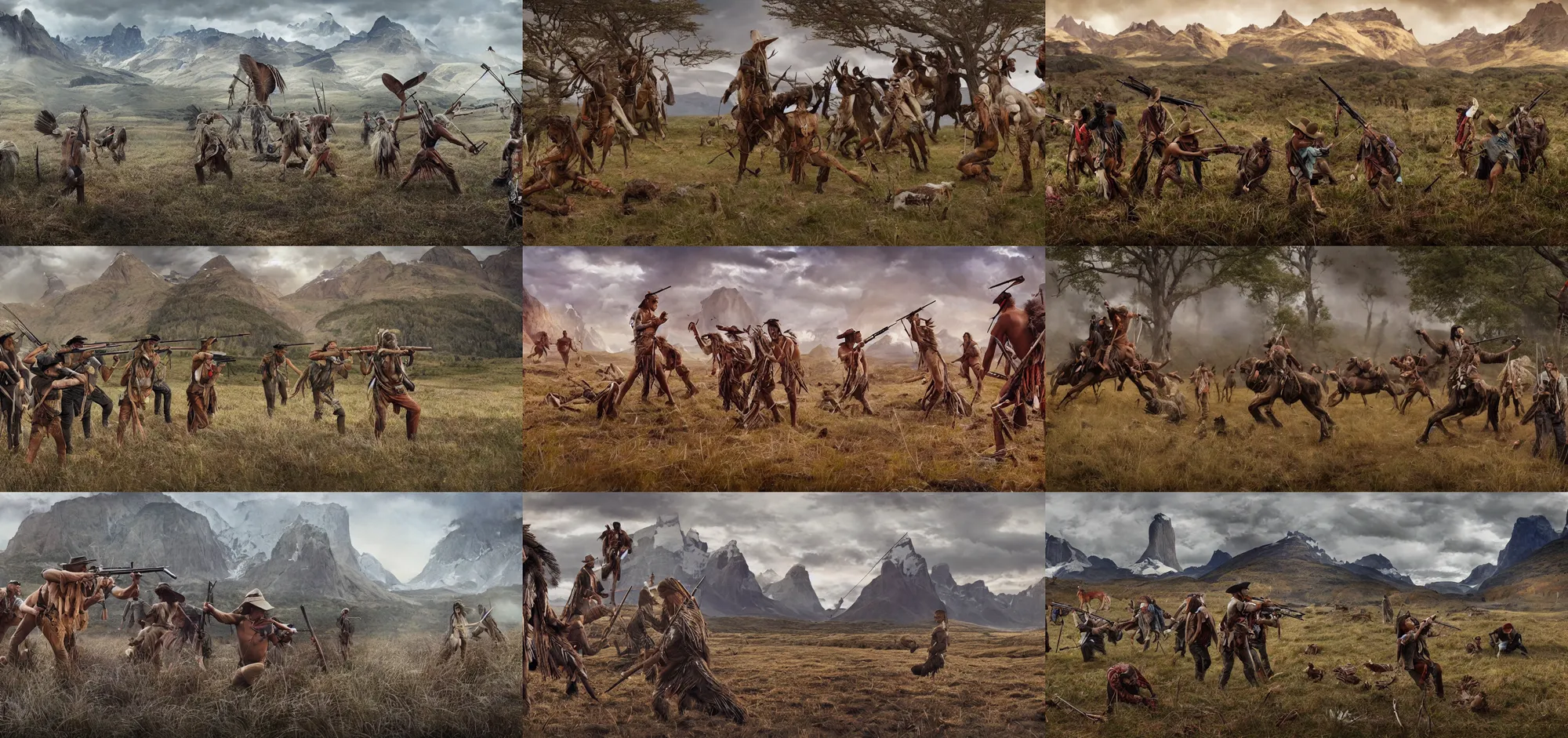 Prompt: an a dramatic frame of a violent scene in which American settlers shoot at Selk'nam Indians, in Patagonia by Peter Andrew Jones and Mark Ryden and Lisa Frank, Martine Johanna , Award winning photo, iridiscense, Houdini algorithmic generative render, Accurate and detailed, sharpe focus, octane render 8k