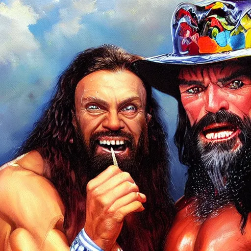 Image similar to portrait of wwf macho man randy savage and wcw sting sharing hotdogs, an oil painting by ross tran and thomas kincade