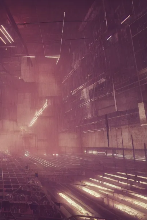 Image similar to inside of an underground factory with ladders, walkways, doors, like maze, ominous, dark, bleak, , rendered in octane, in the style of bladerunner 2049, dystopian, sci fi, v-ray, cinematic composition, hyperdetailed, artstation, cgsociety, 8k