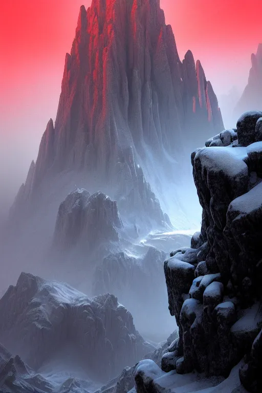 Image similar to futuristic atmosphere in the snowy mountains dolomites 3 d concept art, cinematic lighting, rule of thirds, depth of field, intricate details, building by zaha hadid, stormy weather, emissary space by arthur haas and bruce pennington and john schoenherr, cinematic matte painting, red glowing eyes, dark moody colors, trending on artstation, featured on behance