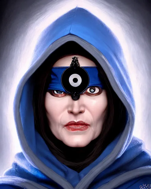 Image similar to ana from overwatch, blue hooded cloak, eye patch, blavk eye patch over one eye, older woman, character portrait, portrait, close up, highly detailed, intricate detail, amazing detail, sharp focus, vintage fantasy art, vintage sci - fi art, radiant light, caustics, by boris vallejo
