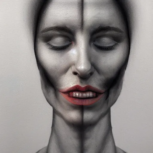 Prompt: a two people's face fusing together!!!!!!, fusing human faces, charcoal drawing by richard mortensen, matte drawing, hyper realism, zbrush, mannerism