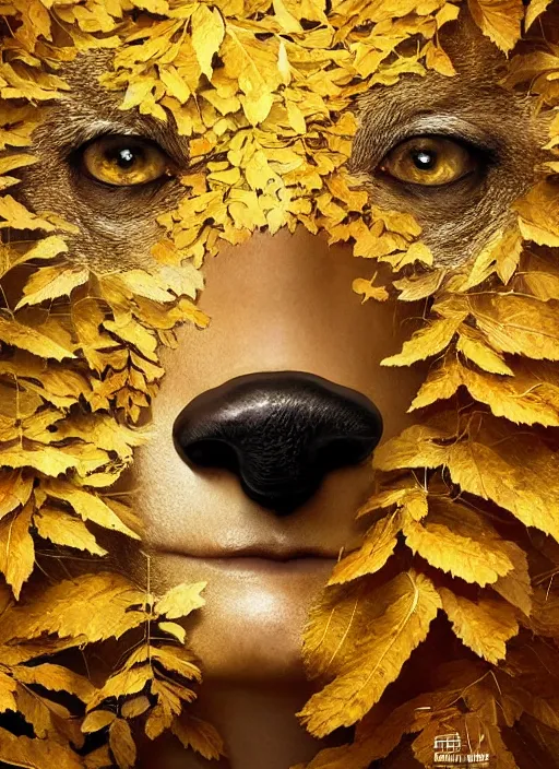 Image similar to golden leaves at frame border, creative!!! composition for a book cover, absurdly beautiful, ultrafine hyperrealistic detailed animal face by wlop and artgerm and greg rutkowski, intricate linework, sharp focus, smooth, unreal engine, dramatic lighting, ethereal, 8 k