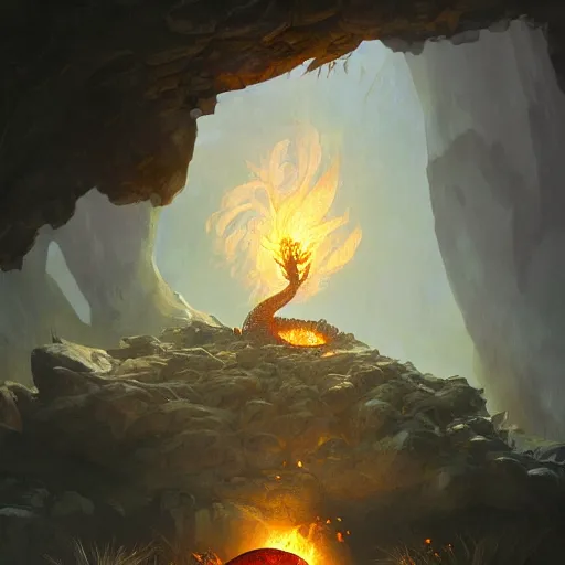 Image similar to A large flaming dragon egg in a nest hidden inside a rocky cave, fantasy art by greg rutkowski and alphonse mucha, highly detailed, digital painting, matte painting, concept art, illustration, oppressive lighting, trending on artstation, very detailed