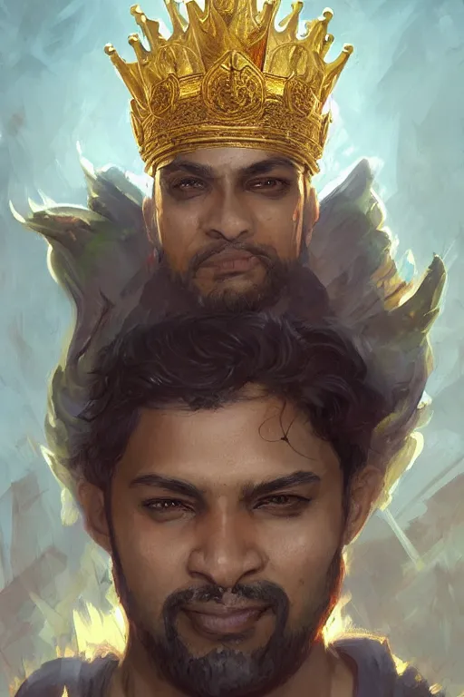 Prompt: Sanjiv Das wearing a golden crown, dungeons and dragons portrait, highly detailed, digital painting, artstation, concept art, sharp focus, illustration, art by artgerm and greg rutkowski and alphonse mucha