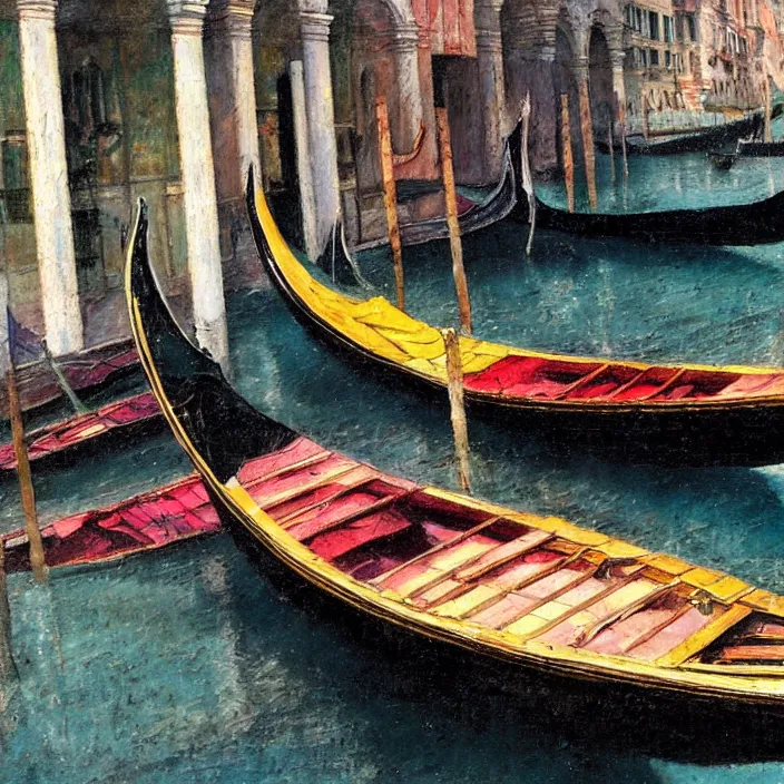 Image similar to venetian gondolas in the style of vrubel, pastel colors, chiaroscuro, bleached colors, cold shades, perfect beautiful, palette knife