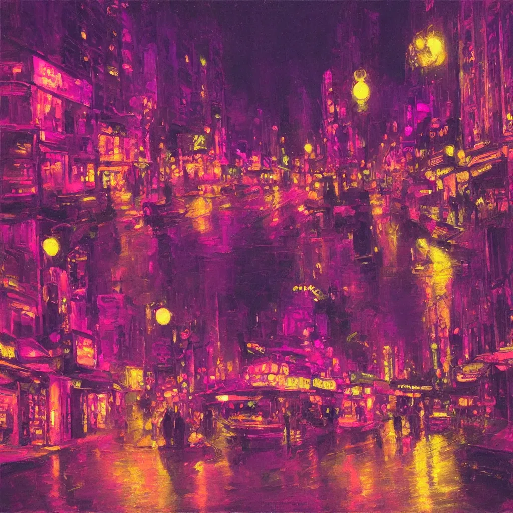 Prompt: a neon cityscape of purple in the style of delphin enjolras. night life. seedy. intricate. highly detailed.