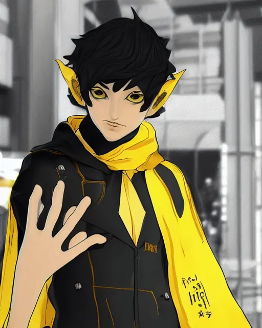 Prompt: Young Arabian half-human wolf. Dressed in yellow cloth. Portrait in Persona 5, Persona 5 style, anime