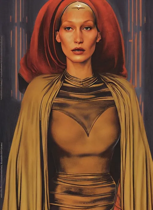 Image similar to full body and head portrait of bella hadid as gaius helen mohiam bene gesserit mother in dune 1982, by norman rockwell and jason fabok and tom lovell and frank schoonover and dean cornwell