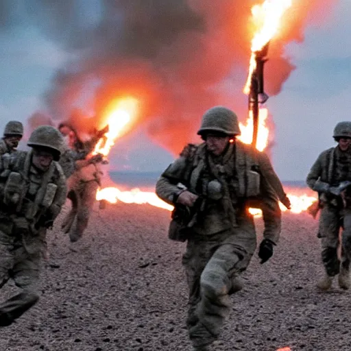 Image similar to american soldiers running at the camera during normandy beach landing with fiery explosions and debris all around them in the style of the movie lone survivor and saving private ryan, gritty, 4 k, cinematic lighting,