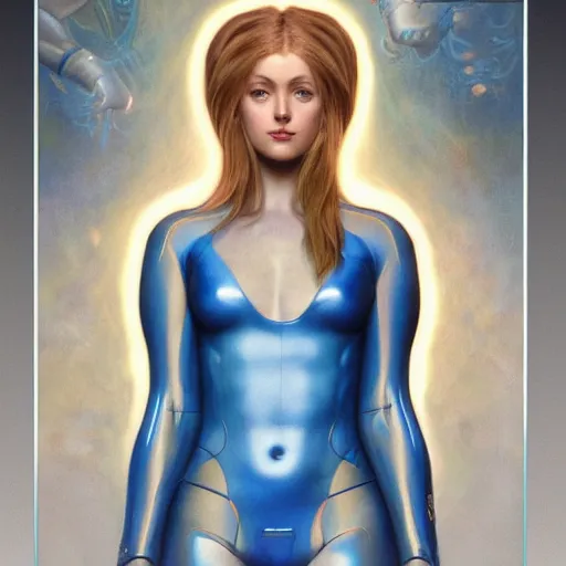 Image similar to Portrait of Samus Aran with blue jumpsuit drawn by Donato Giancola and Tom Bagshaw, face by Artgerm, overall design by Alphonse Mucha, background by James Jean and Gustav Klimt, light by Julie Bell, 4k, porcelain skin, komorebi, french nouveau, trending on artstation, octane render, hyperrealistic