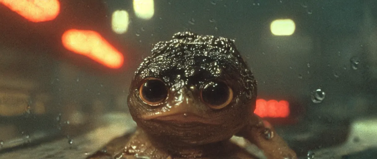 Prompt: Close up of a happy Lepidobatrachus laevis facing the camera in a still from the movie Blade Runner (1982), high quality, rain, rain drops, cold neon lighting, 4k, night, award winning photo, beautiful, cute