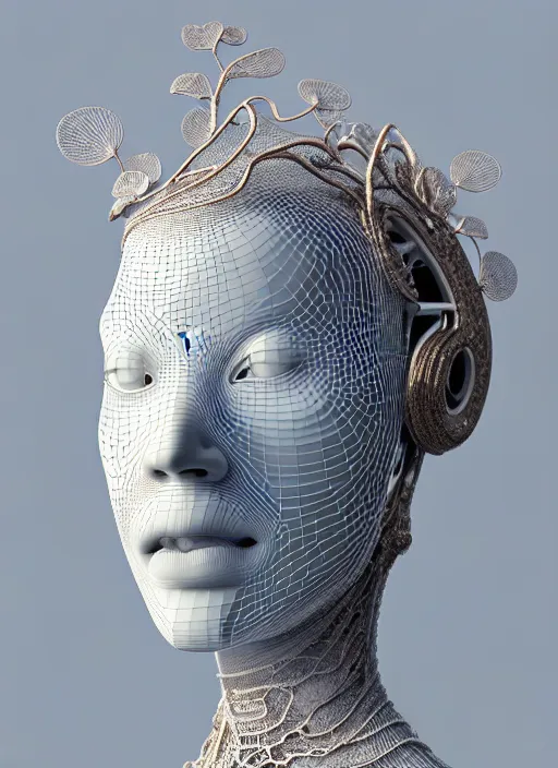 Image similar to complex 3d render ultra detailed of a beautiful porcelain profile woman face, mechanical cyborg, 150 mm, beautiful natural soft light, rim light, silver gold details, magnolia big leaves and stems, roots, fine foliage lace, maze like, mesh wire, intricate details, hyperrealistic, ultra detailed, mandelbrot fractal, anatomical, red lips, white metal neocubism armor, facial muscles, cable wires, microchip, elegant, octane render, H.R. Giger style, 8k