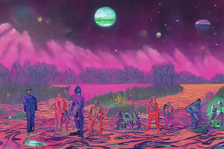 Image similar to surreal painting by chesley bonestelll!!, twelve astronauts sitting near a river + psychedelic vegetation + purple, pink, blue + planets and stars + mystic fog, 5 0's vintage sci - fi style, rule of third!!!!, line art, 8 k, super detailed, high quality