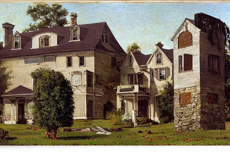 Image similar to a small house and a mansion. they are divided by a wall of money by rockwell