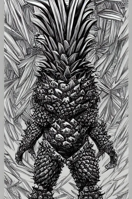 Image similar to pineapple humanoid figure monster wearing pineapple themed armour, symmetrical, highly detailed, digital art, sharp focus, trending on art station, kentaro miura manga art style