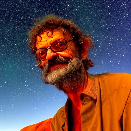 Image similar to terence mckenna, up close at uluru, smoking a cigar, stars, 4 k