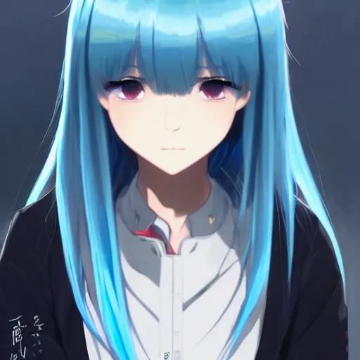 Image similar to full shot of rimuru tempest, sky blue straight hair, long bangs, with amber eyes, wearing a fancy black jacket, high collar, ultra detailed, brush strokes, digital painting, cinematic, wlop artstation, closeup, pixiv, intense, intimidating glare, photorealistic, overpowering, makoto shinkai, rossdraws, andy warhol,