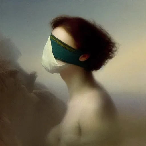 Image similar to a woman’s face wearing a chrome blindfold, by ivan aivazovsky and alma tadema and remrandt and willen claesz heda, rendered in octane