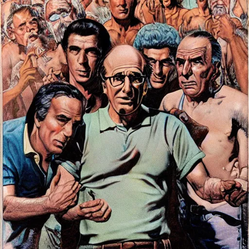 Image similar to larry david jesus christ, normal rockwell, frank franzetta, jack kirby