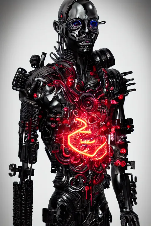 Image similar to full-body cyberpunk style sculpture of a young handsome dark god of battle, half android with a head opening exposing circuitry, glowing red eyes, black roses, flowing blood-red colored silk, fabric, candles. baroque elements, genetically augmented cyborg male. full-length view. baroque element. intricate artwork by caravaggio. Trending on artstation, octane render, cinematic lighting from the right, very very very very long curly blond hair, hyper realism, octane render, 8k, depth of field, 3D