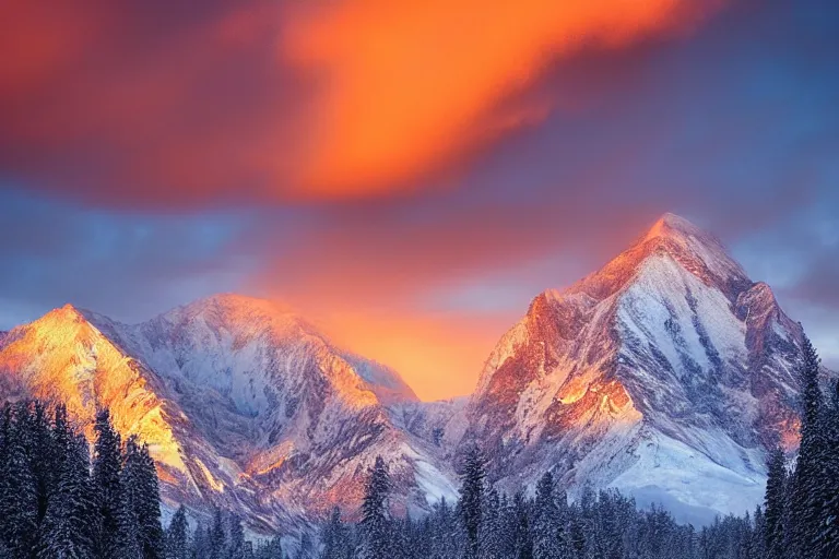 Image similar to amazing landscape photo of snowy mountains at sunset by marc adamus beautiful dramatic lighting