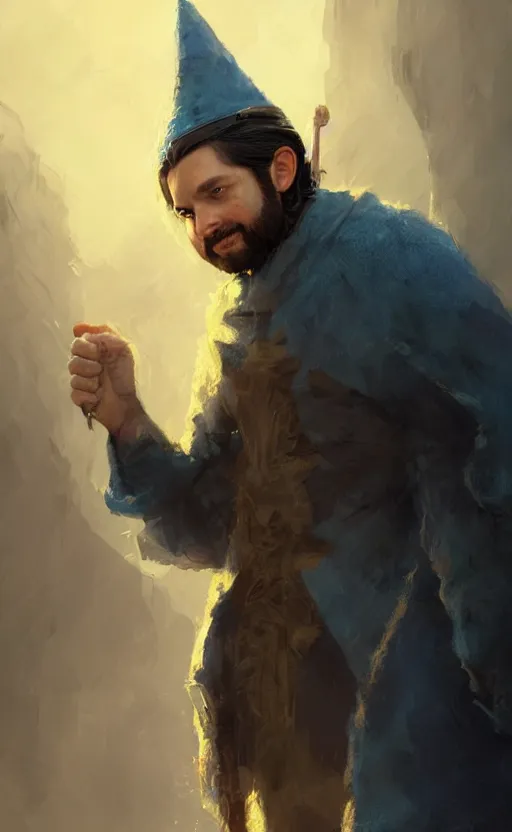 Image similar to alexis ohanian as a wizard, blue wizard hat, concept art, detailed face, fantasy, highly detailed, cinematic lighting, digital art painting by greg rutkowski