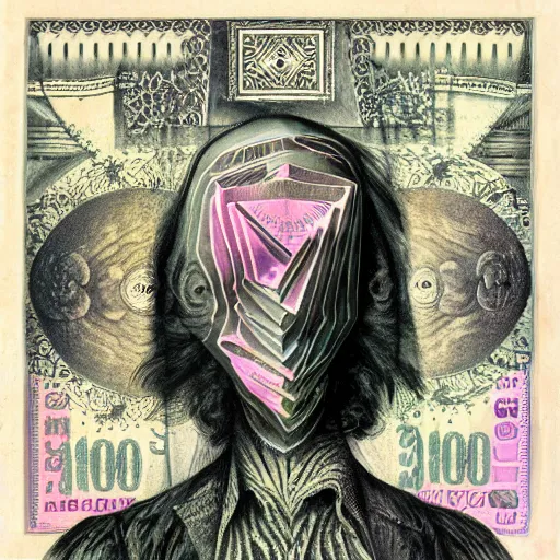 Image similar to post - punk new age album cover, asymmetrical design, dollar, money, bank notes, magic, apocalypse, psychedelic, black white pink, magic, giger h. r., giuseppe arcimboldo