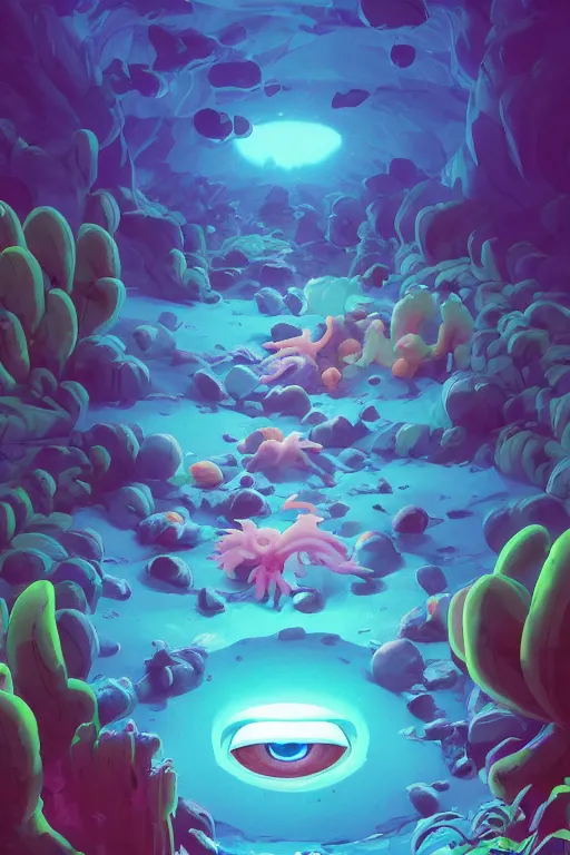 Image similar to smurf ghost creature animal sushi cristal very big eye roots cactus elemental flush of force nature micro world fluo fishscale, behance hd by jesper ejsing, by rhads, makoto shinkai and lois van baarle, ilya kuvshinov, rossdraws radiating a glowing aura global illumination ray tracing hdr