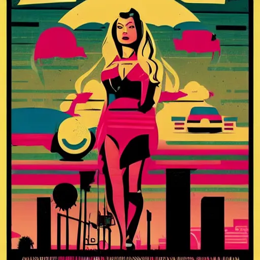 Prompt: a horror movie poster, staring Sofía Vergara as the heroine, neighborhood themed, synthwave, cyberwave, by Tom Whalen