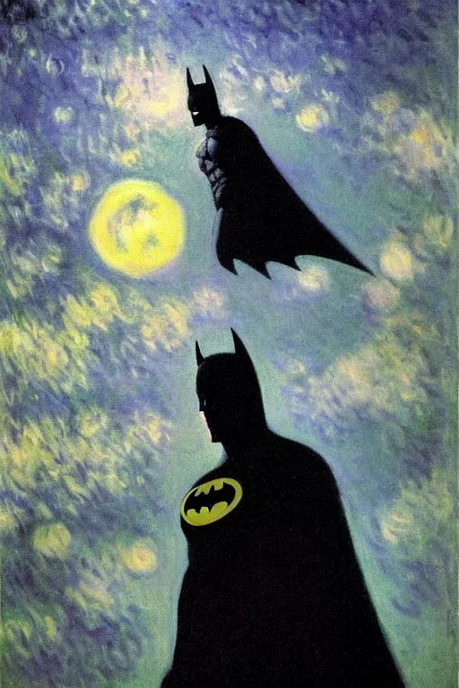 Prompt: Batman portrait atmospheric painting in the moonlight by Claude Monet