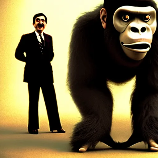 Prompt: mr. bean as king kong. movie still. cinematic lighting.