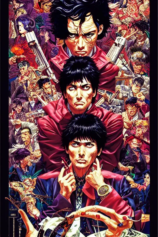 Prompt: poster of tony montana, by yoichi hatakenaka, masamune shirow, josan gonzales and dan mumford, ayami kojima, takato yamamoto, barclay shaw, karol bak, yukito kishiro