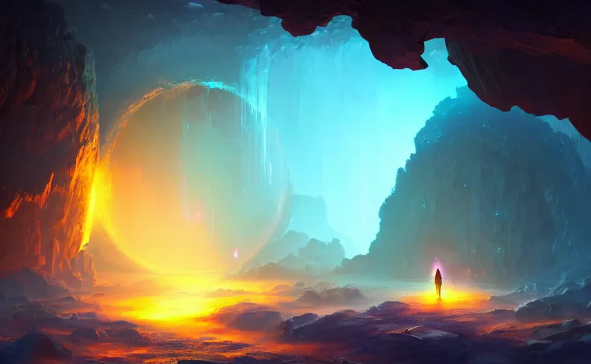 Prompt: a blurry ambient glowing portal in the distance of a giant cave, crystals, dynamic lighting, ambient lighting, atmospherical, photorealistic fantasy concept art, trending on art station, stunning visuals, creative, cinematic, ultra detailed