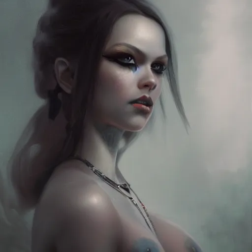 Image similar to a beautiful portrait of kerli koiv with bubble goth makeup, a detailed painting by greg rutkowski and raymond swanland, featured on cgsociety, fantasy art, detailed painting, artstation hd, photorealistic