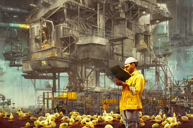 Prompt: A mixed media painting of a duck worker in front of a production line with little humans on it, by Frank Frazetta, Greg Rutkowski, Beeple, post-processing, low angle, masterpiece, cinematic, isometric, volumetric lighting