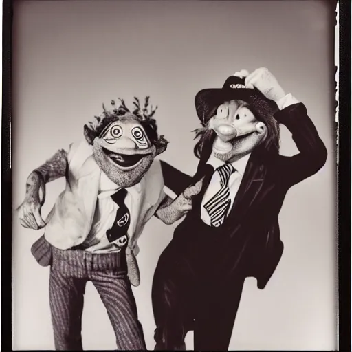 Image similar to a black and white polaroid photo of dudes in love, by robert crumb, by jim henson, by gary baseman, high contrast, soft lighting, surreal, film photography, cinematic photography