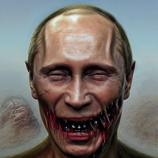 Prompt: a portrait of vladimir putin's, flesh eating worms, macabre, horror saw teeth, horror rotten teeth, peeling face skin, by donato giancola and greg rutkowski and wayne barlow and zdzisław beksinski, realistic face, visible face, digital art, artstation, symmetry