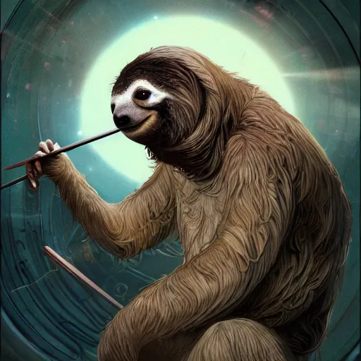 Image similar to detailed science - fiction character portrait of a sloth eating sushi, intricate, wild, highly detailed, digital painting, artstation, concept art, smooth, sharp focus, illustration, art by artgerm and greg rutkowski and alphonse mucha