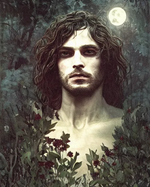 Prompt: a handsome but sinister and creepy man in layers of fear, with haunted eyes, violence in his eyes, tangled hair, 1 9 7 0 s, seventies, delicate embellishments, a little blood, woodland, moonlight shining on wildflowers, painterly, offset printing technique, by alexandre cabanel
