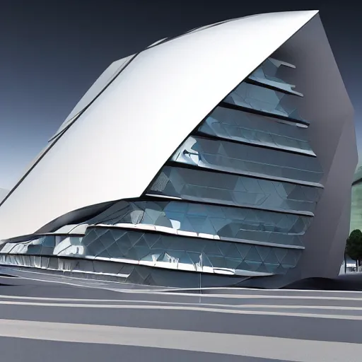 Prompt: a building with a large triangular design on top of it, a digital rendering by zaha hadid, behance, modernism, angular, imax, volumetric lighting